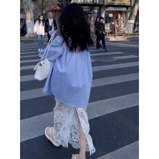 批发蓝色捏褶慵懒风衬衫外套衬衣女款2026新款爆款高级感减龄超火上衣