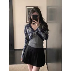 批发2026早秋<b class='q'>新款</b>学院风韩系菱格上衣针织衫<b class='q'>女</b>吊带修身显瘦两件套套装