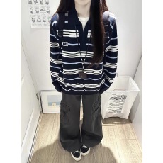 批发韩系学院风氛围感条纹毛衣女秋<b class='q'>冬</b>季翻领polo针织衫上衣