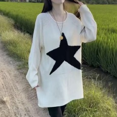 批发2026秋<b class='q'>冬</b>圆领卷边五角星毛针织衫套头打底衫上衣加厚毛衣潮