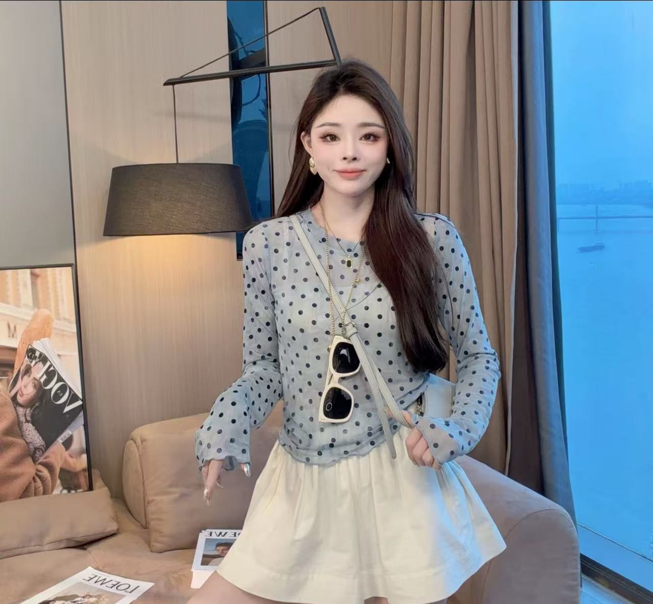 여름 새로운 패션 도트 무늬 얇은 스타일 프린트 긴팔 자외선 차단 다용도 맨위 여성