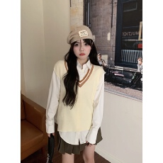 实拍实价 V领背心针织撞色外搭马甲+长袖纯色衬衣