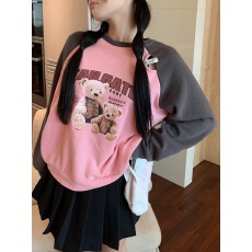 批发实拍实价 设计感破洞檫肩袖拼接小熊宽松长袖卫衣