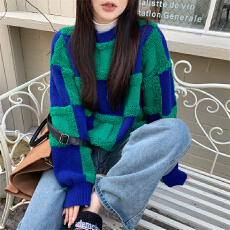 批发实拍实价 宽松慵懒风撞色格子加厚针织毛衣