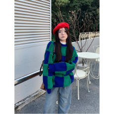 批发实拍实价 宽松慵懒风撞色格子加厚针织毛衣