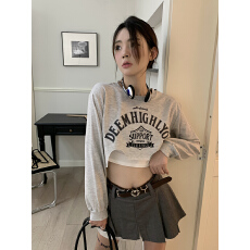 批发实拍实价 不规则露肚脐高腰长袖字母印花宽松t恤+小吊带抹胸