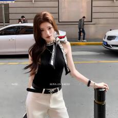 批发地球店03/31新品黑色露肩小香印花丝巾针织背心女夏收腰无袖上衣