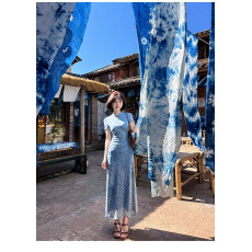 批发新中式国风蕾英俊【松涧照】复古波点改良旗袍裙夏收腰水滴领长裙