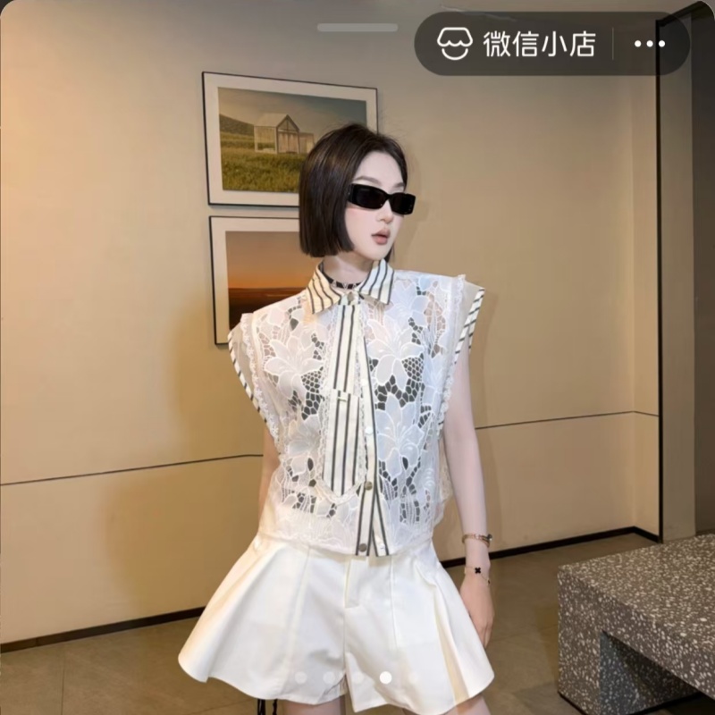 덩 새싹 팅 초여름 로브 여름 새로운 레이스 작은 대중 패치워크 넥타이 디자인 센스 패션 셔츠