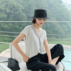 批发K姐KSOEUR【<b class='q'>桑蚕丝</b>和纸】镂空钩花绑带飞袖百搭精致显瘦针织衫女