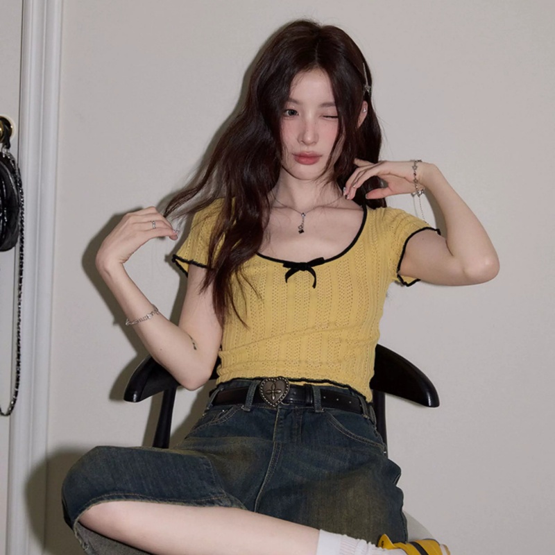 시끄러운 홈 반팔 황색 맨위 여성 여름 한 부서 라운드 넥 긍정적 인 어깨 티셔츠 품격 얇은 스타일 홀로우 아웃 니트 스웨터