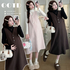 实拍 孕妇装秋冬款毛呢背心连衣裙两件套装