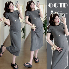 实拍孕妇装夏款针织拼色弹力纯棉连衣裙