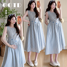 实拍 孕妇装夏季格子连衣裙无袖拼接长宽裙