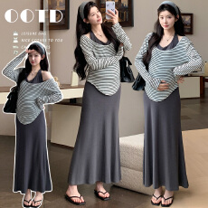 批发实拍 孕妇装夏季条纹上衣+挂脖修身连衣裙两件套装带胸垫