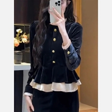 批发法式复古假两件长袖<b class='q'>衬衫</b><b class='q'>外套</b>秋装女2025新款宽松显瘦金丝绒上衣