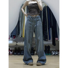 批发抽绳<b class='q'>镶钻</b>阔腿<b class='q'>牛仔裤</b>女秋季新款宽松显瘦直筒裤高腰拖地长裤子