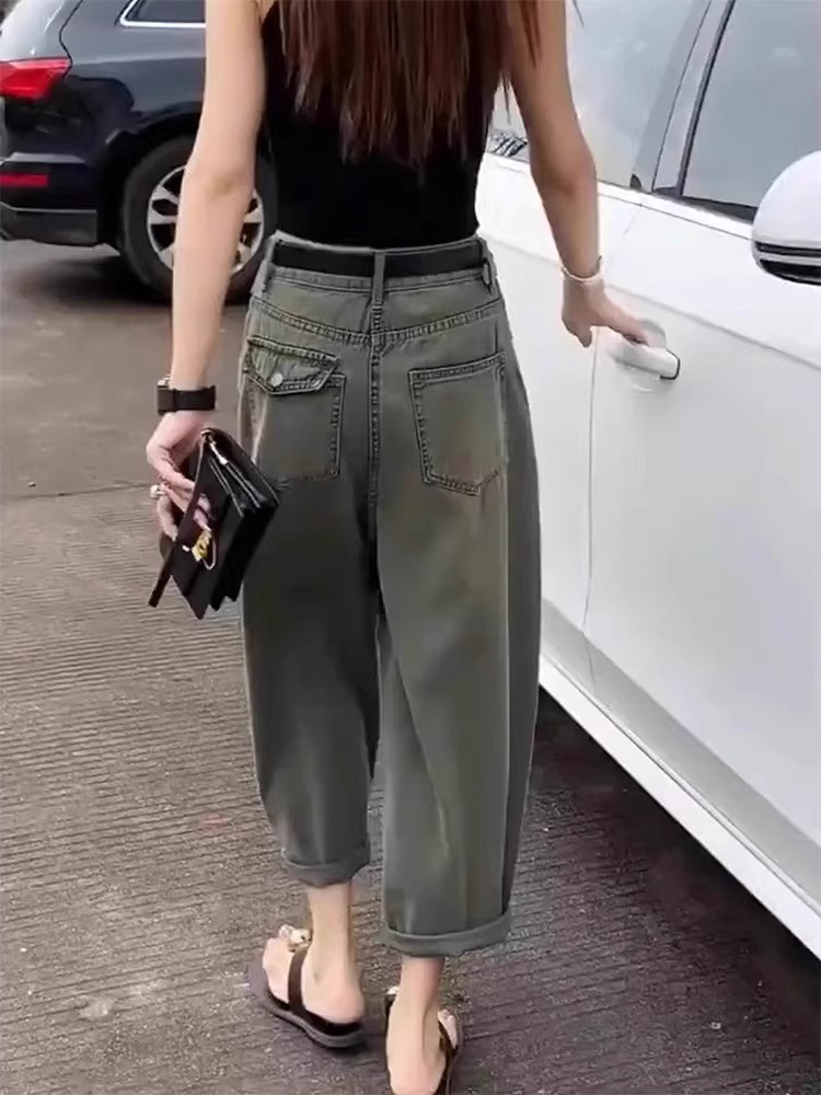 FA36836# 弹力哈伦牛仔裤女秋季薄款大码梨形身材胖mm宽松九分老爹裤 服裝批發女裝批發服飾貨源