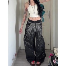 批发<b class='q'>镶钻</b>复古重工满天星烫钻<b class='q'>牛仔裤</b>女炸街宽松水洗vibe直筒长裤潮