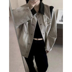 批发水洗做旧拼PU皮领口拼接pu皮领<b class='q'>牛仔</b>外套中性工装褂子情侣夹克