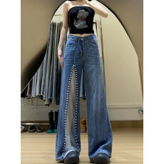批发设计感<b class='q'>镶钻</b>蕾丝拼接<b class='q'>牛仔裤</b>女2025早秋新款宽松显瘦阔腿裤拖地裤子