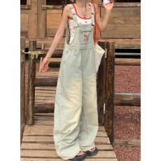 批发复古童趣风牛仔背带裤女2025新款设计感显瘦宽松慵懒风工装拖地裤