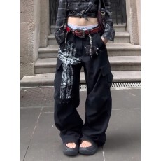 批发设计感水洗字母印花工<b class='q'>装</b>裤女2025秋美式复古街头阔腿长裤