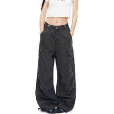 批发成分：100棉水洗多口袋工装裤男女新款宽松阔腿休闲百搭<b class='q'>裤子</b>潮牌