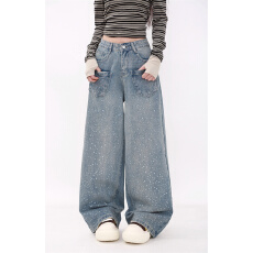 批发实拍 美式街头宽松百搭休闲<b class='q'>牛仔裤</b>女重工高级感满天星<b class='q'>烫钻</b>阔腿裤