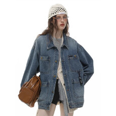 批发美式复古水洗做旧蓝色<b class='q'>牛仔外</b><b class='q'>套男</b>女春秋新款多口袋设计感款工装