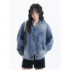 批发美式复古水洗多口袋<b class='q'>牛仔</b>外套女春秋设计感宽松工装<b class='q'>夹克</b>情侣上衣潮