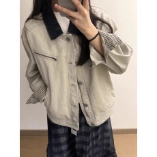 批发美式复古撞色领工装成衣落色水洗挺阔短<b class='q'>夹克</b>外套女春秋情侣上衣