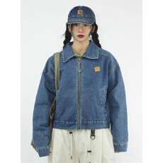 批发2025春秋新款美式<b class='q'>街头</b>复古宽松bf风水洗蓝色底特律短款牛仔外套女