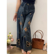 批发重工蝴蝶刺绣<b class='q'>烫钻</b>镂空<b class='q'>牛仔裤</b>女2025夏季高腰宽松显瘦直筒阔腿长裤