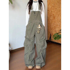 批发<b class='q'>大码</b>美式复古多口袋工装<b class='q'>背带裤</b>女休闲显瘦设计感小众直筒牛仔裤