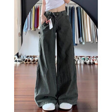 批发美式军绿色工装<b class='q'>裤</b>女新款多口袋复古休闲阔腿宽松直筒微喇牛仔<b class='q'>裤</b>子