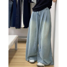 批发设计感褶皱阔腿牛仔裤女秋季<b class='q'>新款</b>浅蓝色高腰显瘦拖地百搭垂感裤子