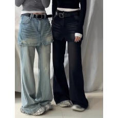 批发美式复古水洗蓝色牛仔屁帘拖地裤女秋季<b class='q'>新款</b>高腰宽松显瘦阔腿裤子