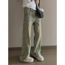 批发美式辣妹设计感满钻石牛仔裤女春秋<b class='q'>新款</b>个性满天星小众直筒长裤子