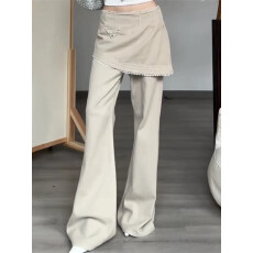 批发美式假两件屁帘叠穿微喇牛仔裤<b class='q'>女</b>秋季设计感花边低腰休闲宽松<b class='q'>裙裤</b>