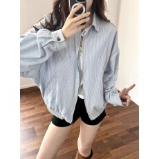 批发原版斜纹面料条纹牛仔衬衫<b class='q'>男</b>女秋季美式慵懒翻领短款<b class='q'>夹克</b>外套