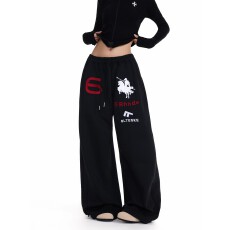 批发纯棉华棉复合字母刺绣天使战马印花松紧腰卫裤男<b class='q'>女</b>宽松运动<b class='q'>长裤</b>