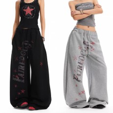 批发纯棉华棉复合牛奶丝原版印花做法卫裤<b class='q'>女</b>垂坠感拖地阔腿爵士<b class='q'>长裤</b>