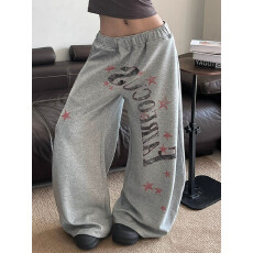 批发纯棉华棉复合牛奶丝原版印花做法休闲卫裤<b class='q'>女</b>宽松拖地阔腿<b class='q'>长裤</b>