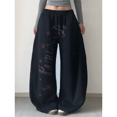 批发纯棉华棉复合牛奶丝原版印花做法休闲卫裤<b class='q'>女</b>宽松拖地阔腿<b class='q'>长裤</b>