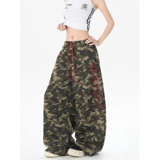 批发烫钻工艺美式复古抽绳烫钻阔腿迷彩裤男<b class='q'>女</b>秋宽松休闲直筒<b class='q'>长裤</b>潮