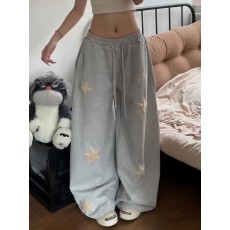 批发美式复古星星刺绣灰色卫裤<b class='q'>女</b>春秋宽松慵懒风显瘦阔腿休闲<b class='q'>长裤</b>情侣