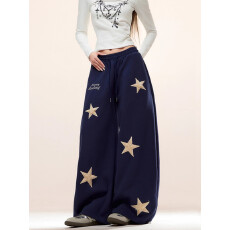 批发美式复古星星刺绣灰色卫裤<b class='q'>女</b>春秋宽松慵懒风显瘦阔腿休闲<b class='q'>长裤</b>情侣