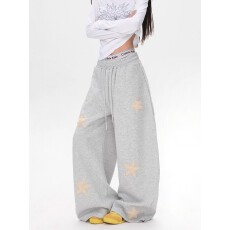 美式复古星星刺绣休闲卫裤男女春秋直筒街头阔腿拖地长裤情侣