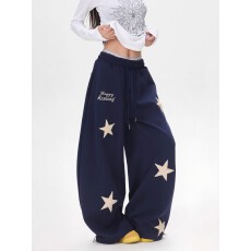 美式复古星星刺绣休闲卫裤男女春秋直筒街头阔腿拖地长裤情侣
